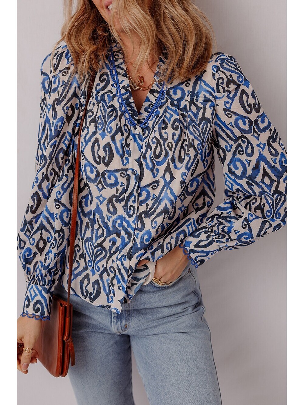 Women's Long Sleeve Blue and Black Patterned Blouse with Ruffle Collar [COPY]